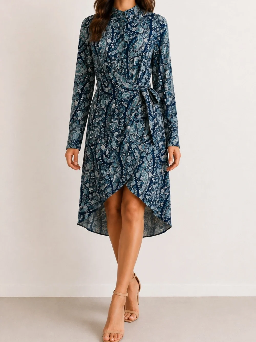 J.Crew Silk Paisley Print Tie Waist Blue Green Long Sleeve Shirt Dress